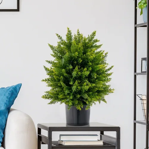 Vista 8 de Goplus Árbol de bola de cedro artificial de 21.5 pulgadas, juego de 2 plantas artificiales en maceta, arbustos artificiales con maceta de cemento
