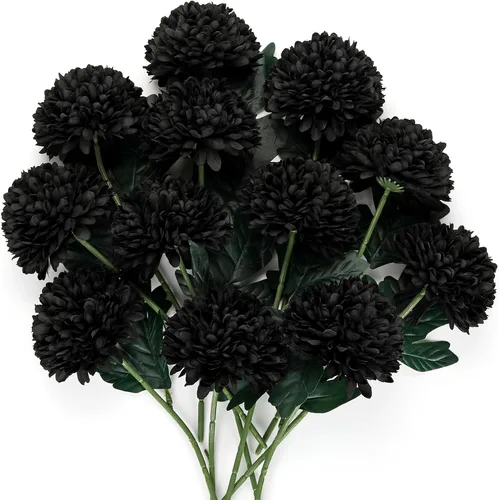 Vista 2 de Briful 12 tallos artificiales de crisantemo negro – Cabezas de flores de seda de 11 pulgadas de alto con hojas verdes, tallos flexibles
