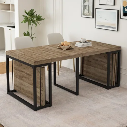 Vista 7 de KEIKI Mesa de comedor plegable extensible de 23.62 a 118 pulgadas de largo para 2 a 10 personas, muebles de madera moderna y rústica rectangular