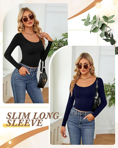 Vista 5 de Ficerd 3 piezas de camisetas cortas básicas de manga larga para mujer, ajustadas, cuello redondo, color liso, casual, para mujer