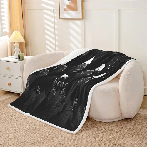 Vista 3 de Manfei Manta de oso gris y negro con silueta de árbol para sofá, manta de cama temática de animales salvajes para niños y adolescentes, decoración