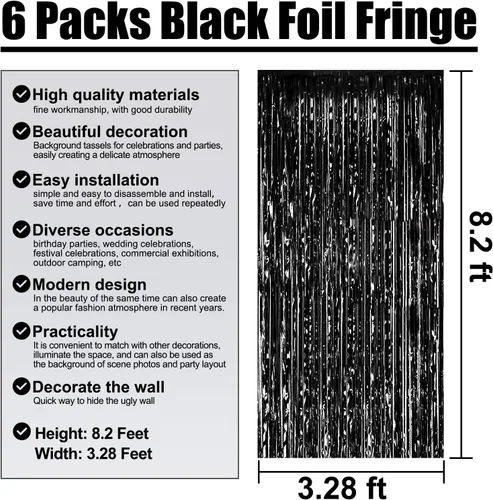 Vista 2 de Paquete de 6 cortinas de flecos de papel de aluminio negro, 3.28 pies x 8.2 pies, cortinas metálicas de oropel con flecos para cabina de fotos