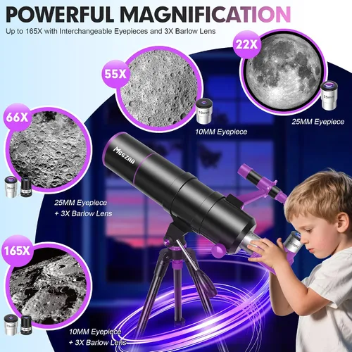 Vista 3 de MEEZAA Telescopio, Telescopio para Adultos de Alta Potencia, Apertura de 90mm 550mm Telescopios Refractores Profesionales Portátiles para Niños