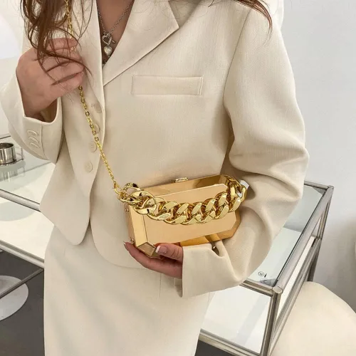 Vista 2 de Ladies Evening Clutch Vintage Purse Glitter Acrylic Chain Rectangle Metal Bucket Bag Women Handbags Party Wedding