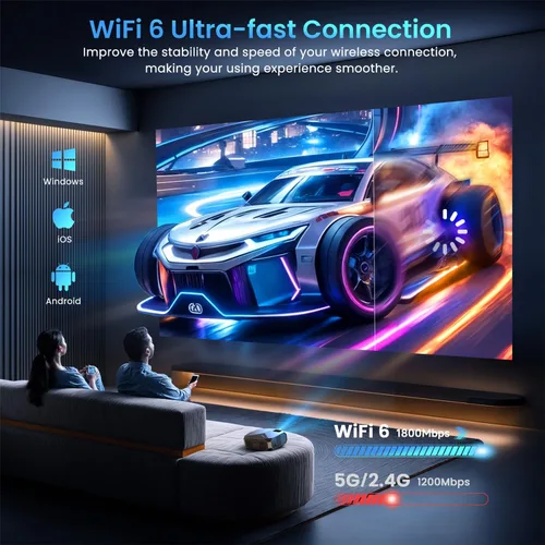 Vista 2 de [Compatible con Netflix/alto brillo] Proyector inteligente con WiFi 6 y Bluetooth 5.3, proyector de películas para exteriores 4K con Prime