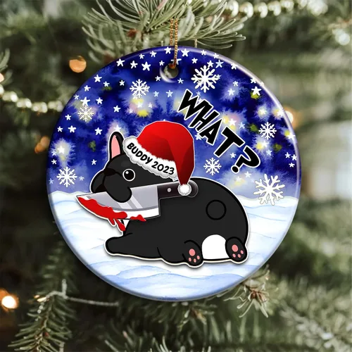 Vista 5 de Adorno de Navidad personalizado de bulldog francés – Lindo perro de bulldog francés negro colgante de árbol de cerámica – Nombre del perro