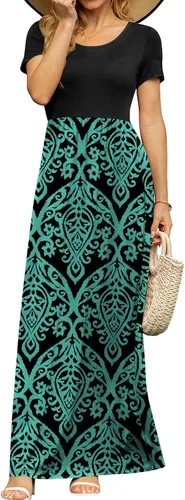 Vista 4 de DB MOON - Vestido largo de manga corta para mujer, vestido informal de cintura imperio, con bolsillos