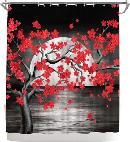 Vista 5 de WELMECO Cortina de ducha negra y roja con luna llena de árbol rojo, cortina de ducha para decoración de baño, tela de poliéster, 72 x 72 pulgadas