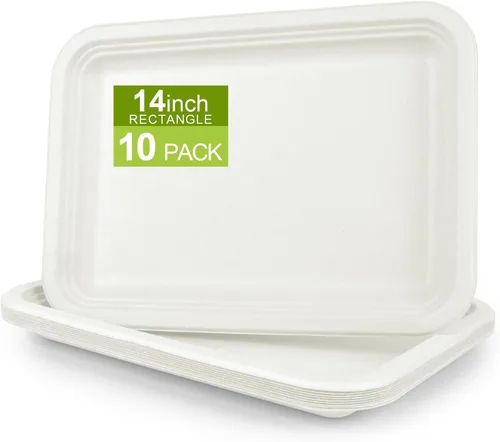 Vista 13 de Paquete de 10 platos de comida, platos de papel rectangulares, aptos para microondas, a prueba de remojos, resistentes a cortes, compostables