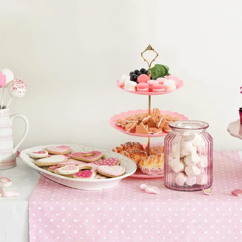 Vista 5 de Tosnail Paquete de 3 bandejas de plástico rosa para cupcakes de 3 niveles, soporte para postres con barra dorada de 3 estilos, bandejas de servir