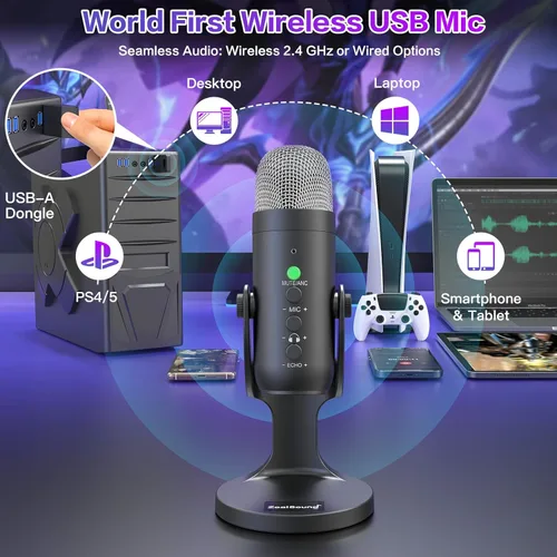 Vista 2 de ZealSound Micrófono Inalámbrico, Micrófono USB para iPhone PC iPad Teléfono Android - Micrófonos Condensadores de Escritorio Inalámbricos con Negro