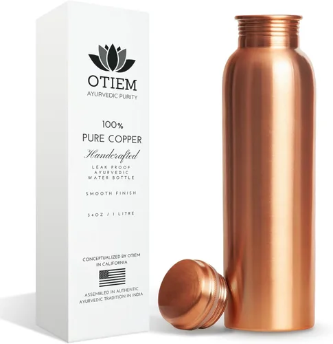 Vista 2 de Otiem Juego de 2 unidades de hidratación de cobre Botella elegante de 32 onzas y recipiente ayurvédico martillado de 32 onzas