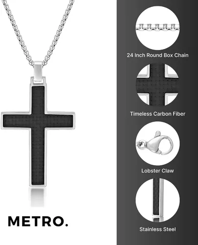 Vista 4 de Metro Jewelry Colgante de cruz de fibra de carbono atemporal para hombres en acero inoxidable de 24 pulgadas de largo, cadena de langosta, Metal