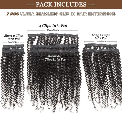 Vista 4 de Extensiones de cabello humano rizado sin costuras 3A 3B, color negro natural, ultra fino, doble trama, PU, invisible, clip, 7 unidades, 14 pulgadas
