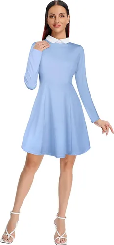 Vista 4 de CHAMA Vestido de patinadora casual de manga larga para mujer con cuello Peter Pan y acampanado
