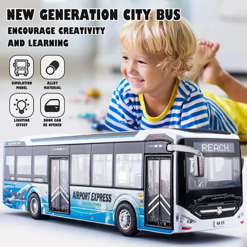 Vista 6 de Juguetes de autobús de fundición a presión 1/42, vehículos de juguete de autobús urbano de metal con luces y puertas que se abren para niños