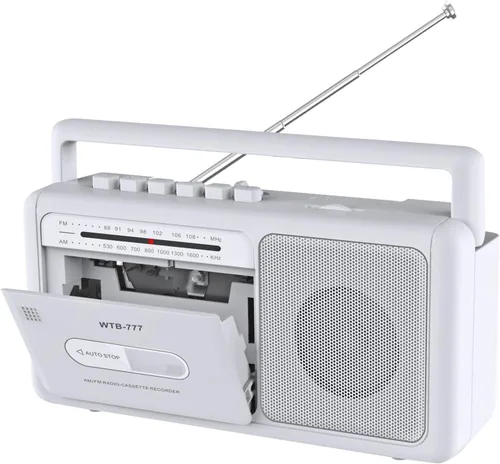 Vista 8 de WTB-777 Reproductor de casete portátil Boombox, radio AM/FM estéreo con Bluetooth, USB, grabador, conector para auriculares, alimentación CC/CA