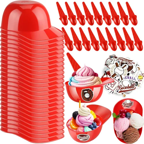 Vista 15 de MEEZY Juego de 16 cuencos de helado con diseño de casco de béisbol con 8 mini tazas de postre y 8 cucharas, 8 onzas. Cuencos reutilizables