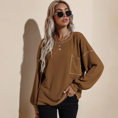 Vista 6 de LAO POPO Women's Long Sleeve Casual Round Neck Sweatshirt Pullover Loose Solid Color Top Pocket T-Shirt