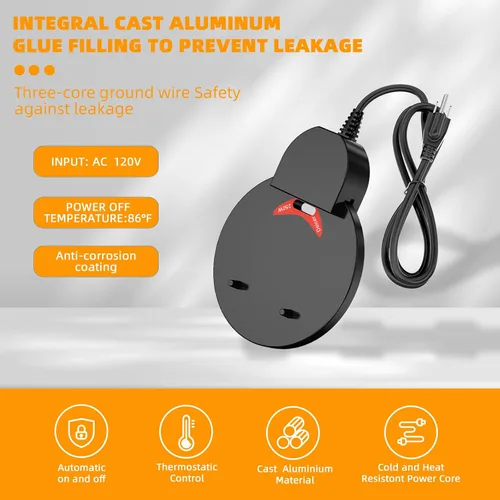 Vista 6 de Calentador de agua de pollo de 250W con termostato, calentador de baño de pájaros de aluminio fundido y descongelador de estanques, calentador