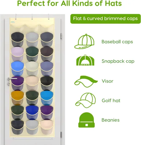 Vista 4 de Estante para gorras de béisbol, organizador de 24 bolsillos para colgar en la puerta con bolsillos profundos transparentes para mostrar la colección