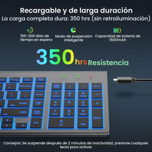 Vista 3 de SABLUTE Teclado Inalámbrico con 7 Luces Traseras de Color, Teclado de Computadora Compacto, Silencioso, Recargable, Inalámbrico, con Teclas