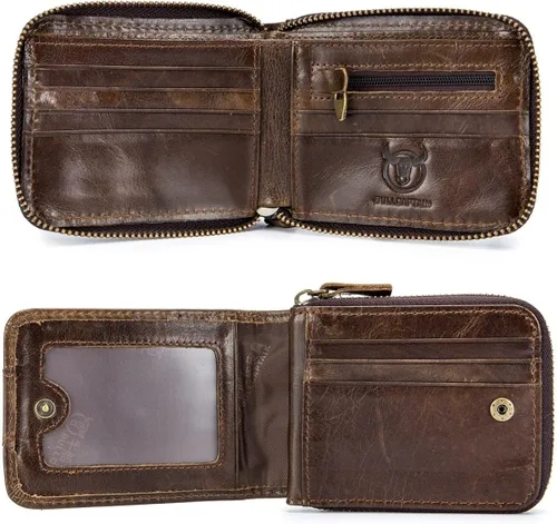 Vista 7 de Cuero auténtico hombres billetera cremallera RFID bloqueo vintage billeteras billeteras billeteras