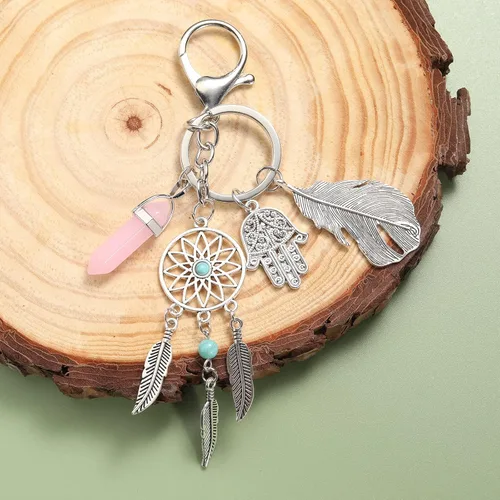 Vista 5 de MyfavoriteK Dreamcatcher Hamsa Llavero de buena suerte, adorno de piedras preciosas para llavero de coche