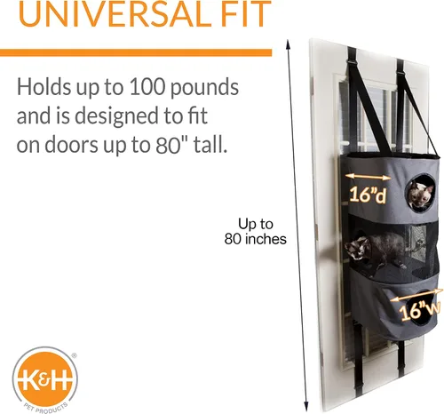 Vista 2 de K&H Pet Products Árbol colgante para gatos de 3 niveles, muebles para gatos montados en la puerta, ahorro de espacio, nivel de malla, agujeros