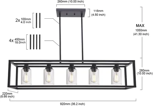 Vista 5 de MELUCEE Candelabro Industrial de 36.2 Pulgadas de Longitud para Isla de Cocina, Luminaria Rectangular de 5 Luces para Comedor Colgante con Acabado