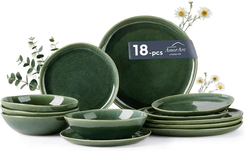 Vista 25 de AmorArc Juego de vajilla de cerámica, Juego de platos y cuencos de piedra de esmalte reactivo hechos a mano, Platos y cuencos altamente resistentes