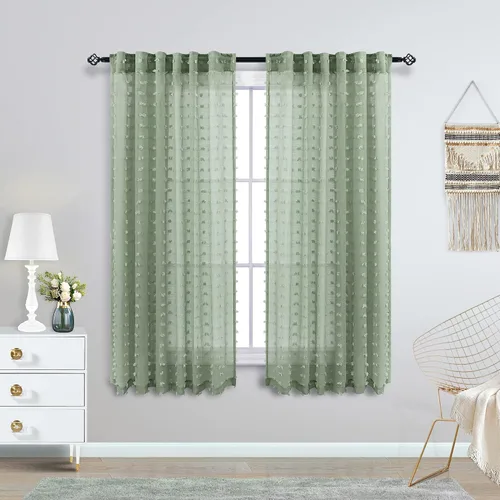 Vista 13 de Cortinas negras KOUFALL de 45 pulgadas de largo para ventana de cocina, cortinas transparentes con pompones y textura de encaje bohemio con bolsillo