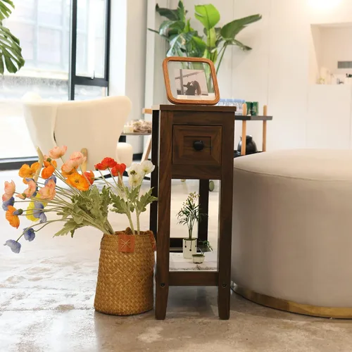 Vista 6 de Mesa auxiliar estrecha para silla, mesa auxiliar reclinable sólida con cajón, mesita de noche delgada para sala de estar y dormitorio