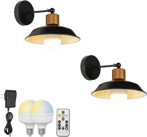 Vista 5 de 2 luces de pared con control remoto sin cable, retro, industrial, negro, lámpara de pared para decoración de pared para escaleras interiores