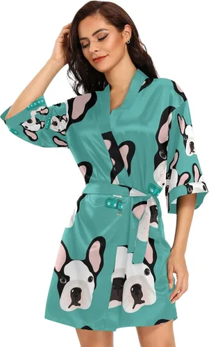 Vista 2 de Susiyo Seamless Cute Cartoon Dog Cachorros Azul Satén Túnica para Mujeres Kimono Estilo Corto Sedoso Albornoz Ropa de Dormir