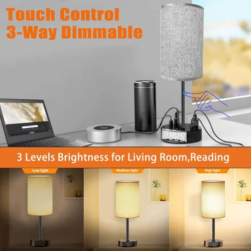 Vista 3 de Lámpara de mesa – Lámpara de noche con puertos USB y tomacorrientes, lámpara de dormitorio con base de reloj despertador, 3 vías regulables modernas