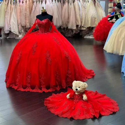 Vista 5 de Youjiayi Vestido de fiesta con cuello en V para mujer, vestidos de quinceañera largos de tul de encaje princesa dulce 16 vestidos YJY33