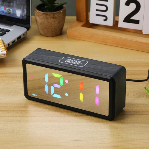 Vista 6 de KESYOO Modern LED Wood Grain Alarm Clock with RGB Mood Lighting Manual DST Adjustment Digital Display for Bedroom and Office Tabletop Stylish