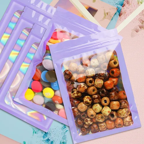 Vista 6 de Funfery 100 bolsas holográficas Mylar moradas, cremallera resellable y Morado