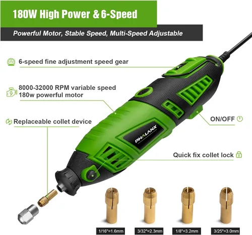 Vista 3 de Kit de herramientas rotativas de 180 W, PHALANX de 1.5 amperios de 6 velocidades variables con eje flexible, multiherramienta de 8000 a 32000 RPM