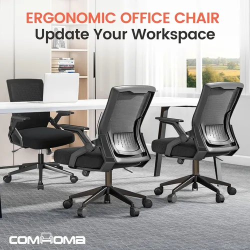 Vista 9 de COMHOMA Office Chair with Flip-up Armrests Ergonomic Computer Desk Chair with Adaptive Lumbar Support & Breathable Mesh, Black, Pack of 2