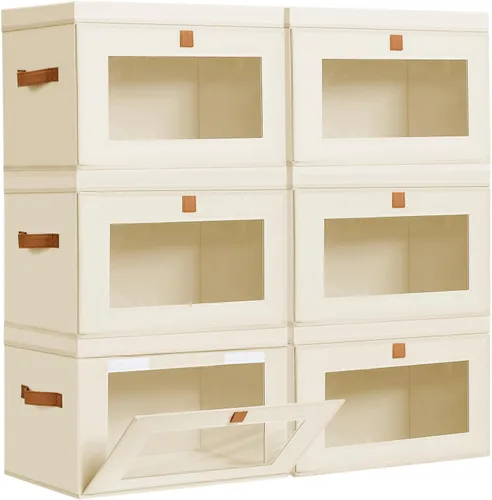 Vista 18 de DIMJ Contenedores de Almacenamiento con Tapas - Paquete de 4 Organizadores Grandes de Tela para Armario con Ventana y Asas, Cajas de Almacenamiento