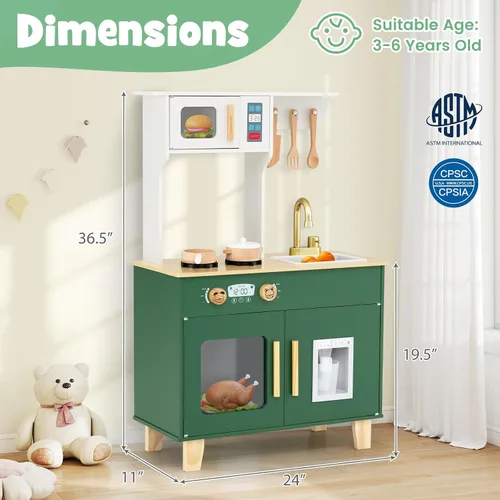 Vista 8 de Costzon Cocina de juego para niños, juego de cocina Little Chef con microondas, estufas, pomos de rotación, dispensador de hielo, grifo, fregadero