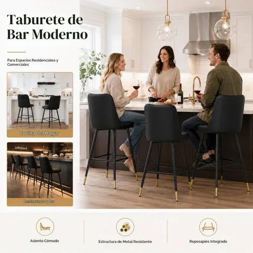 Vista 5 de Juego de 4 Taburetes de Bar, Taburetes de Bar de Altura de Mostrador con Respaldo, Taburetes de Cocina Modernos de Cuero Sintético, Taburete de Bar