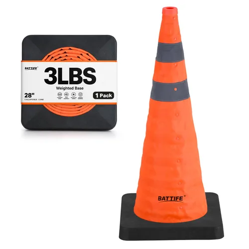Vista 16 de BATTIFE [1 Paquete] Conos azules plegables de seguridad de tráfico de 28 pulgadas con base negra pesada, conos emergentes multiusos con collar