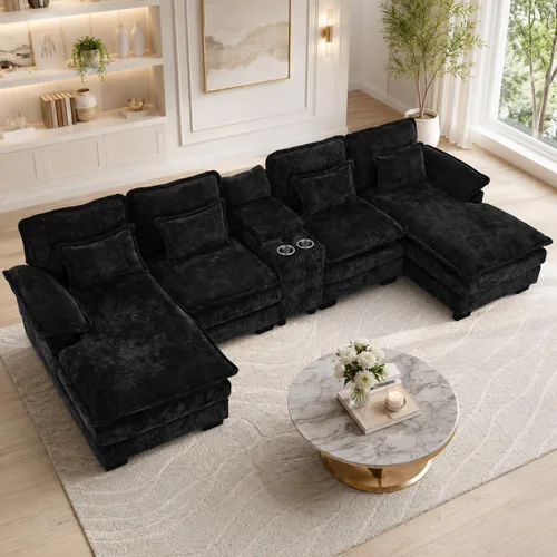 Vista 9 de Sofá modular en forma de U de 132 pulgadas, sofá modular para sala de estar, sofá moderno de pana de felpa de gran tamaño con consola central Negro
