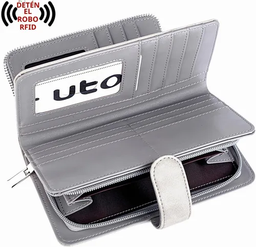 Vista 4 de UTO Cartera de cuero vegano para mujer, cartera larga con broche de presión, tarjetero de crédito, elegante embrague 0153 Gris