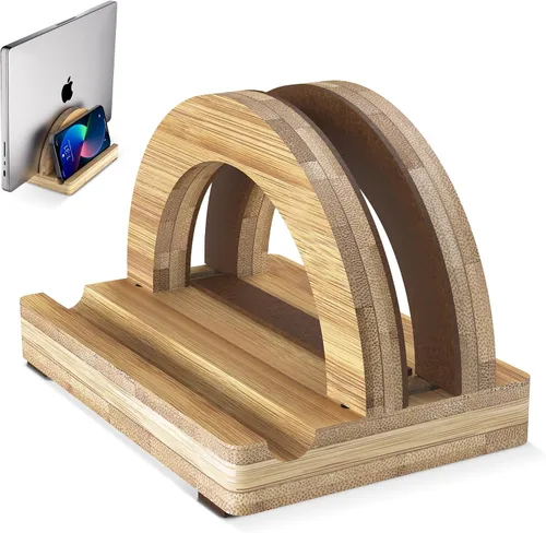 Vista 9 de Kothar Soporte vertical de madera prémium para laptop, soporte de bambú ajustable de una sola ranura para MacBook, Dell, HP y más Organizador