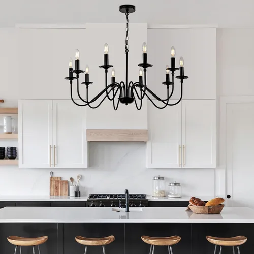 Vista 14 de Lámpara colgante estilo granja, luces colgantes negras para isla de cocina, luz colgante de metal industrial y madera vintage, lámpara de techo