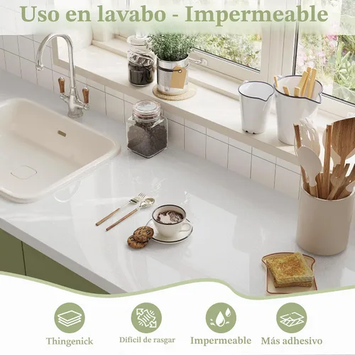 Vista 2 de Papel para empapelar blanco, papel de vinilo autoadhesivo, película decorativa para encimeras de cocina, armarios, muebles con brillo iridescente